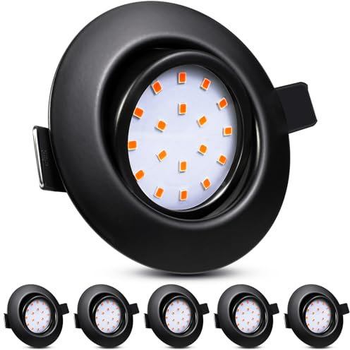 Wondlumi Einbaustrahler LED 5W Flach 27mm LED Spots 230v Schwarz 3000K Warmweiß Deckenspots 72mm-80mm Lochmaß Rund Schwenkbar Einbauleuchten für Küche Wohnzimmer,6er Set