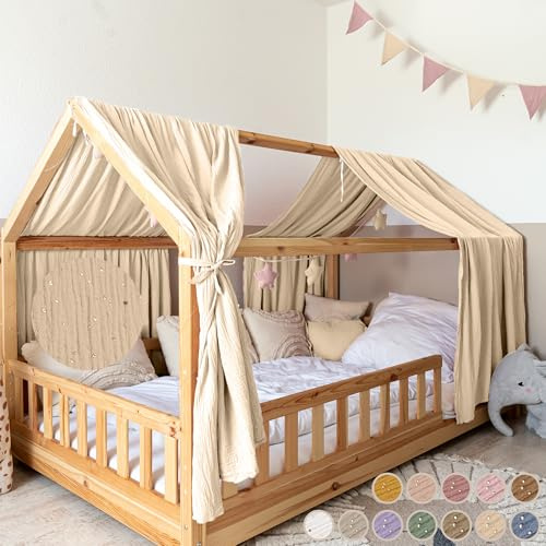 lilimaus Hausbett Himmel mit Gold Applikation [in 12 Farben] Betthimmel Hausbett aus 100% Baumwolle Musselin - Stoffhimmel für Hausbett Deko Mädchen & Jungen - Himmel für Hausbett Kinderbett Vorhang