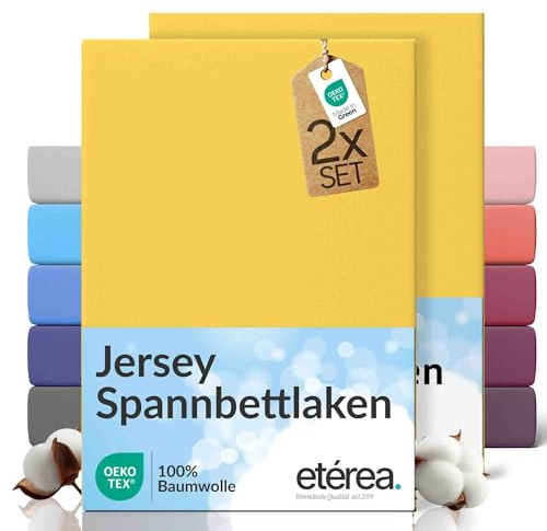 etérea Jersey 2er Set Spannbettlaken 200x220cm Gelb bis 25 cm Höhe - 100% Baumwolle Spannbetttuch Oekotex - Bed Sheets mit Rundumgummi - Doppelpack Bettlaken 200x220 cm - Yellow