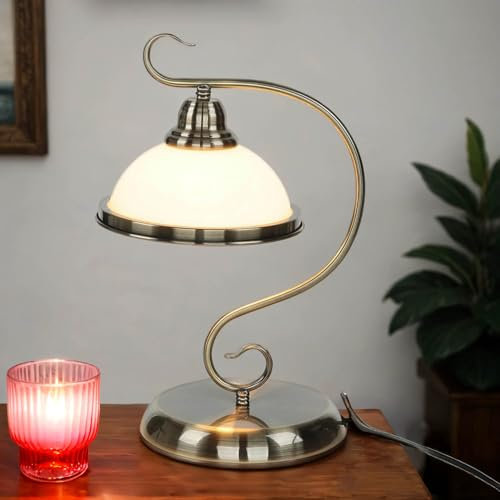 Licht-Erlebnisse Jugendstil Tischleuchte E27 – Glasschirm– Retro Lampe – Bronze Antik – mit Kabelschalter – 40 cm – klassische Nachttischlampe Schlafzimmer