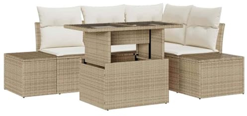 vidaXL Gartensofa-Set mit Kissen mit Speicher 5 pcs Beige Poly-Rattan, Garten-Sofa-Set, rechteckig, modular, wetterfest, UV-beständig, leicht, für draußen, mit Stauraum