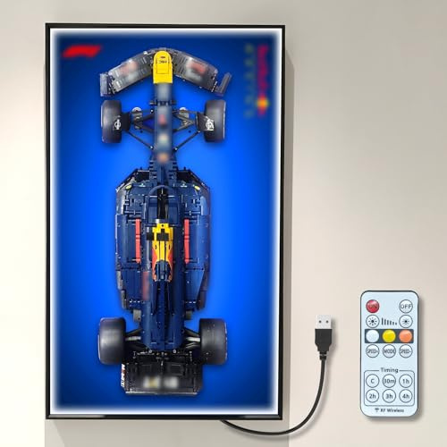 NOVDA Display Wandtafel für Lego Technic F1 Rennwagen 42206 Mit LED Rahmen Präsentationswand für Formel 1 Auto Wandhalterung 75 * 45CM （ Fernbedienung und Rahmen ）