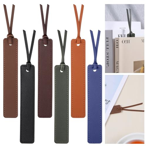 6PCS Leather Bookmark, Classic Stitched Bookmark with Leather Rope, Simple Retro Bookmarks for Men, Gentleman Bookmarks for Book Lovers, Readers, Writers, Teachers and Students (6 Colors)