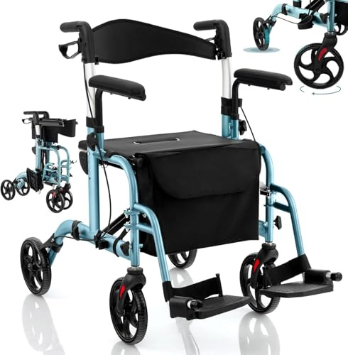 RELAX4LIFE 2-in-1 Rollator Faltbar und Leicht mit Sitz, 6-fach höhenverstellbare Gehhilfe für Senioren, Aluminium Rollstuhl mit Fußstützen & Tasche & doppelten Bremsen & Stockhalter, bis 136 kg (Blau)
