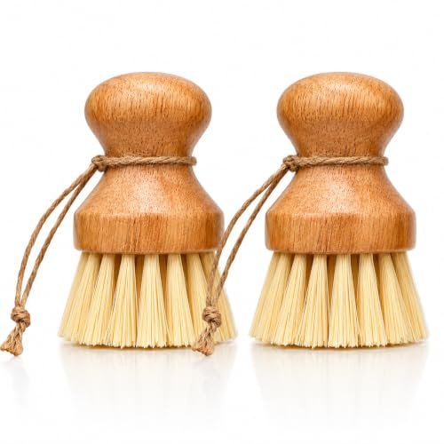 Bamboo Palm Brush 2 Pack, Eco-Friendly Wooden Dish Brush Set with Durable Bristles, Washing up Brushes Dish Pot Pan Brushes Mushroom Brush Style Kitchen Scrubber for Pots, Pans, Sink