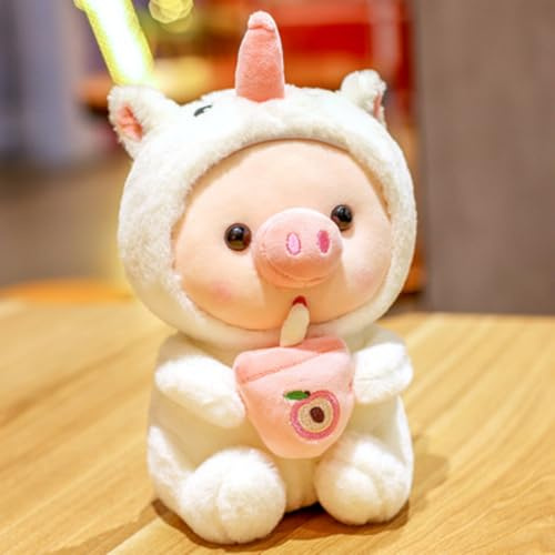 Xiyocadt Plüschtie, Kawaii Plüschkissen Gefüllte Kuscheltier Pinguin Frosch Schwein Kuscheltier mit Milchtee Tasse Weiche Puppe Plüsch Spielzeug für Kinder Jungen Mädchen (25cm,DJ)