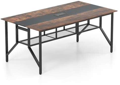 GYMAX Großer Konferenztisch 180 x 96 cm, Besprechungstisch für 6-8 Personen mit Kabeldurchlässen & Ablageregal, Meetingtisch für Geschäftstreffen, Konferenzraum & Büro