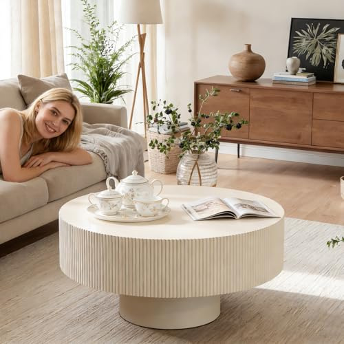 FeiZhiYanS Runder, geriffelter Couchtisch aus Massivholzfurnier | Mid-Century-Modern-Boho-Stil, Für Wohnzimmer, Kleine Wohnung