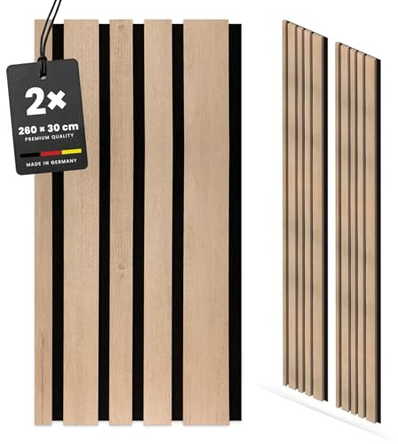 KGM Akustikpaneele Blend Eiche Natur MDF - 30 x 1,7 x 260 cm, 2er Set | 3D-Wandverkleidung mit Filz, foliert, schallabsorbierend, 1,56 m² Deckung, für Wohn- & Büroräume, PEFC-zertifiziert