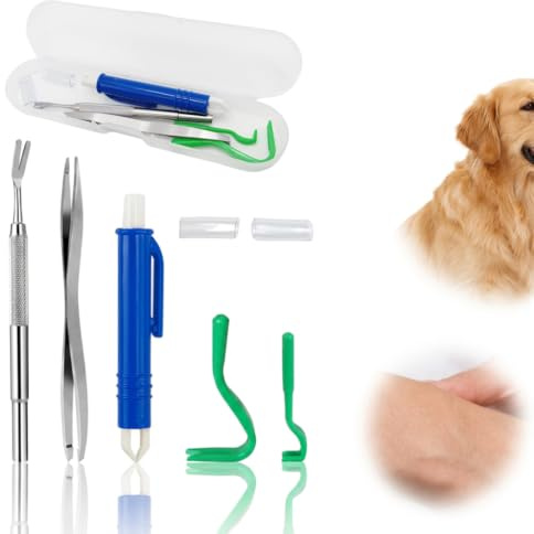 5 Pinzas Garrapatas con Funda para Humanos Perros Gatos Acero Inoxidable | Protección Contra Garrapatas 5-en-1 con Ganchos Garrapatas Metal Tweezers Blue Tick Extractor, Segura Garrapatas Remover Kit