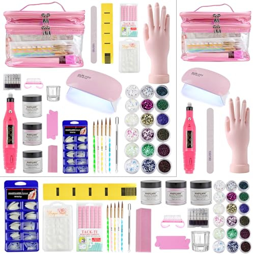 Acrylic Nail Kit for Beginners with Everything in Portable Cosmetic Bag | Nail Starter Kits with Drill,UV Lamp,Acrylic Powder,Practice Hand,Glitter Powder,Nail Art Tools Set for Salon Home Manicure