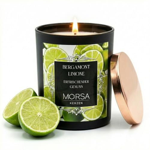 MORSA Duftkerze Bergamont Limone im Glas – frisch & belebend mit Limette & Bergamotte - 100% Wachs handgegossen 650g - Kerze mit Deckel mit Brenndauer ca. 60h - Qualität aus Deutschland