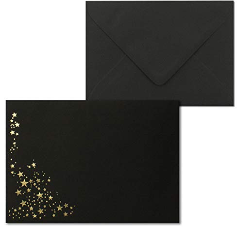 25x Weihnachts-Briefumschläge - DIN C6 - mit Gold-Metallic geprägtem Sternenregen -Farbe: Schwarz- Nassklebung, 120 g/m² - 114 x 162 mm - Marke: GUSTAV NEUSER