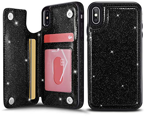 UEEBAI Case for iPhone X/XS, Premium Glitter PU Leather Wallet Cover [Magnetic Clasp] [Card Slots] Stand Function, Durable Shockproof Soft TPU Case - Black#2