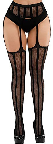 Confonze Women's High Waist Fishnet Tights Suspenders Pantyhose Thigh High Stockings Black (Black-6057)