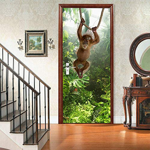 XKSJWY Stickers Porte Singe Animal De La Jungle 3D Trompe L'Oeil Auto-Adhésif Autocollant De Porte Mural Poster De Porte Amovible Papier Peint Salon Chambre Salle De Bain Décoration 95X215Cm