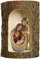 Weihnachtskrippe aus Holz in einem echten Baumstamm mit Maria, Jesus und Josef aus Gröden, Linie Krippe des Friedens (bunt/farbig)