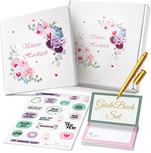 2gether4ever® 5 in 1 wildromantisches Hochzeit Gästebuch Set mit 166 Sticker und 20 Gästekarten, Stift und Box/Hochzeitsalbum/Gästebuch Hochzeit mit Fragen/Aufkleber Hochzeit/Gästekarten