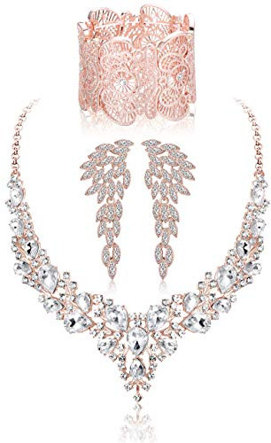 Kakonia Kristall Braut Hochzeit Schmuck Set für Frauen Strass Halskette Ohrringe Armband Brautjungfer Braut Zubehör Schmuck Roségold