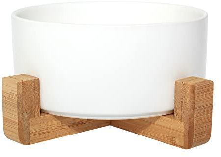 Ceramic Bowl with Bamboo Stand for Dogs & Cats, Raised Bowl for a Comfortable Position Whilst Eating & Drinking, Options, 850ml Capacity (White)