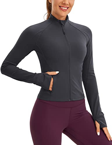 CRZ YOGA Damen Butterluxe Full Zipper Sport Jacke Zip Tasche Crop Running Laufjacke Gym Langarmshirt Sweatjacke mit Daumenloch Melanit 44