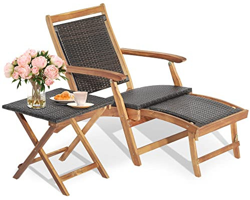 COSTWAY Rattan Sonnenliege mit ausziehbarer Fußstütze & Beistelltisch, Klappbare Gartenliege, Holzliege Bett bis 160 kg belastbar für Pool, Strand