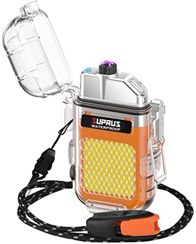 SUPRUS Wasserdichtes Leuchtfeuerzeug, 3 Modi, Taschenlampe, Winddicht, Doppelbogen, elektrisches Feuerzeug, wiederaufladbar, Dual Arc Plasma-Feuerzeug mit Überlebens-Notfall-Pfeife und Umhängeband