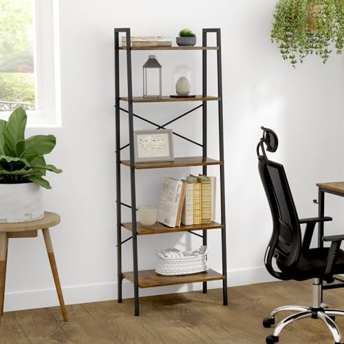 Oak & Tea Ladder Shelf, 5-Tier Industrial Ladder Bookcase, Ladder Bookshelf Bookcase for Living Room, Office, Rustic Brown and Black, 56x32x172cm