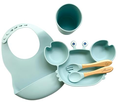 Ensemble repas ludique pour enfants : Pack repas personnalisé avec bavoir assorti et verre - Pratique, amusant et stylé, le tout en Bleu Ciel !