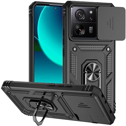 XINYEXIN Case for Xiaomi 13T Pro/Xiaomi 13T with Sliding Camera Cover Ring Holder Magnetic Kickstand Shockproof Heavy Duty Protective Outdoor Armor Case - Black