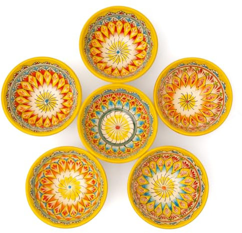 PODARI 6 Keramikschalen 600 ml Kosa Ø 16 cm Gelb Muster - Traditionelle Usbekische Keramikschüsseln mit handbemaltem Design | Salatschüsseln | Schale Bunt Keramik
