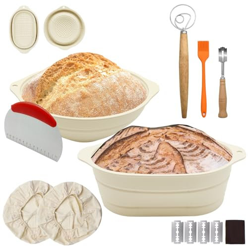 Yiomxhi Cesta de Fermentación para Pan, 2 Piezas Banneton Ovalado y Redondo Plegable de Silicona, Cestas de Prueba de Pan Juego con Cepillo, Tela de Lino, Rascador, Batidor, Beige