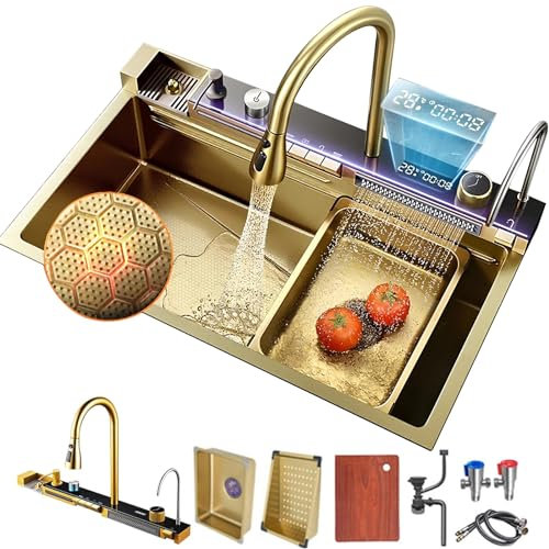 Fregadero de Cocina de lujo Inteligente en Cascada, Fregadero Multifuncional de Acero Inoxidable para el con Accesorios de Fregadero Adecuado para cocinas, bares, apartamentos (Dorado, 68 * 45cm)