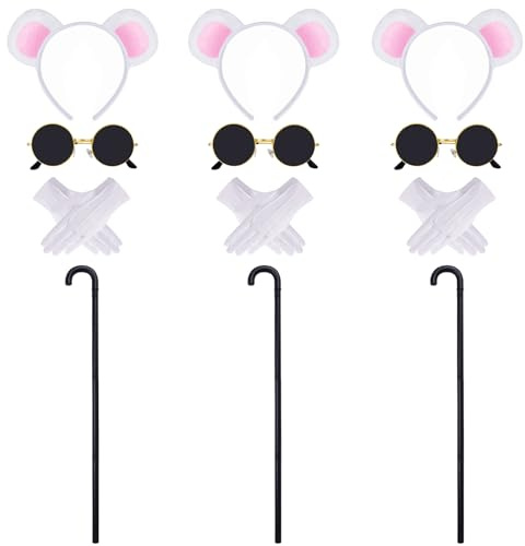 Pistha 3 Set Mouse Costume Accessories, Mouse Ears Headband Sunglasses Blind Cane White Gloves for Halloween Adult Women Men