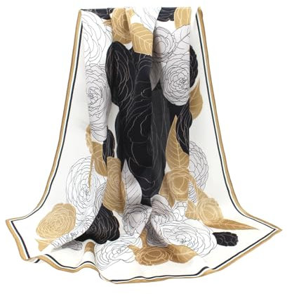 ANDANTINO Schal aus 100 % reiner Maulbeerseide, großes, leichtes quadratisches Halstuch für Damen, auch als Haartuch verwendbar, in Geschenkverpackung, 90 x 90 cm, Schwarz/goldfarben