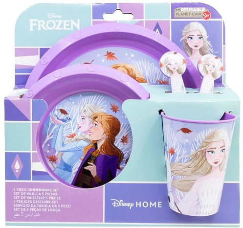 Set vajilla infantil reutilizable de 5 piezas: vaso, plato, cuenco y cubiertos de Frozen