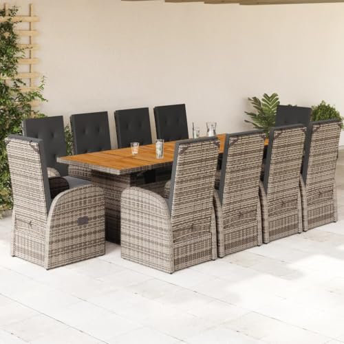 IKAYAA Gartenmöbel Set mit Holz Tisch und 10 Verstellbare Hochlehner Stühlen, Rattan Essgruppe für 10 Personen, Gartenmöbel Essgruppe, Garten Sitzgruppe inkl. Sitzkissen Grau Type-20