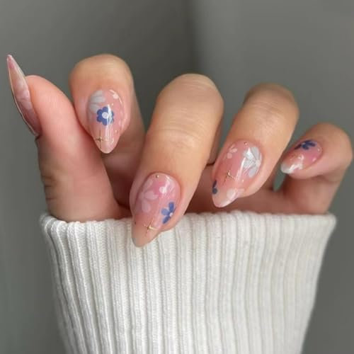 SXVME French False Nails Short Almond, Floral Press on Nails Natural Nude Pink Fake Nails Stars Colorful Floret Full Cover Glossy Acrylic Nails for Women Daily Wear 30 Pcs