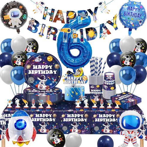 Space Party Tableware Set 6 Years, Space Birthday Decoration, Astronaut Party Plates Birthday, Space Balloon Paper Plates, Cups, Napkins, Tablecloth for Astronaut Children's Birthday Decoration for 16