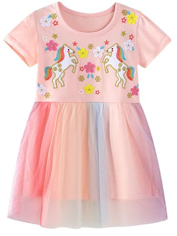 Baogaier Robe Fille Enfant Manche Courte Coton Été Rose Fleur Cheval Chic Paillette Princesse Brillante Tulle Tunique Broderie Elegante Filles T-Shirts Anniversaire Vêtements 2-3 Ans