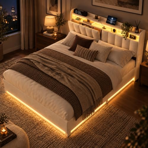LKPOMI Bett 140 x 200 cm mit Stauraum und Kopfteil, LED und USB | Doppelbett Polsterbett 140x200 mit Bettkasten, Hydraulische Stauraumbett Jugendbett mit Lattenrost Bettgestell Erwachsene