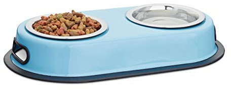 Relaxdays Gamelle pour double pour chien et chat amovible bleu inox HxlxP: 5,5 x 33 x 18 cm, bleu