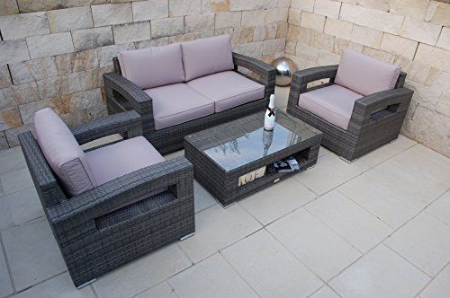 NORDLAND Premium Gartenmöbel Set Polyrattan 4 Personen inkl. Glasplatte Tisch Sessel 2-Sitzer Sofa,Aluminiumgestell und Allen Sitzkissen/Polstern - Sitzgruppe