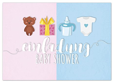 8 x Einladung Baby Shower Party/Einladungskarten mit Umschlag im Set/Motiv: Süße Motive - Geschlecht unbekannt/Babyparty Karte/Postkarte /