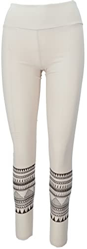 GURU SHOP Tribal Print Yoga-Hose, Yoga Leggings Bio-Baumwolle - Naturweiß, Damen, Size:L