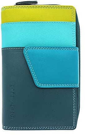 Jockey Club echt Leder Damen Geldbörse mit verstellbarem Außenriegel Portemonnaie feines Kalbsnappaleder Rio Tropic Multicolor mit farbenfrohen Innenleben und RFID Schutz