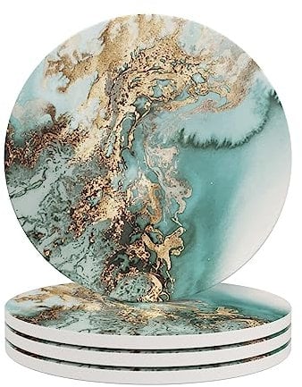 HAOCOO 4 Stück Runden Getränk Untersetzer - Saugfähiger Stein Untersetzer Set mit Korkboden und Keramik Stein, Dekorativ Untersetzer für Arten von Bechern und Tassen (Blau Marmor)