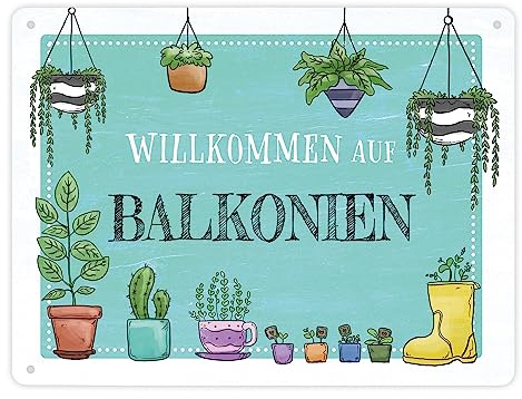 Willkommen auf Balkonien Metallschild XL in 21x28 cm in türkis mit verschiedenen Topfpflanzen als Dekoration für den Balkon Sommer