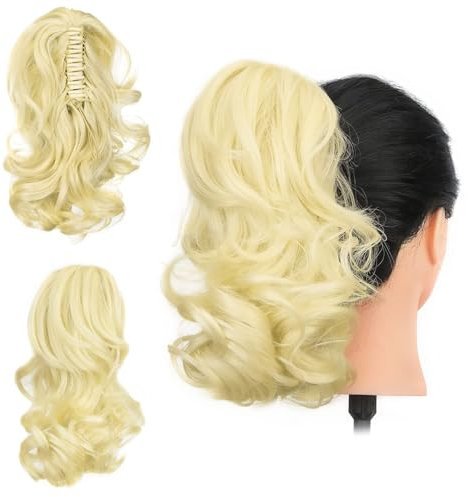 Gairyan 30cm Pferdeschwanz Haarteil Zopf Extensions Lang Lockige Claw Clip in Ponytail Extensions Synthetik Haare Extensions Gewellt Haarteil Haarverlängerung für Frauen (Gebleichtes Blond)