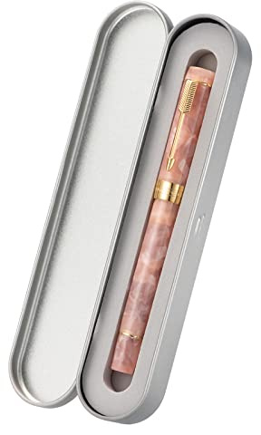 Jinhao 100 Mini Classic Fountain Pen Pink Celluloid, Fine Nib with Converter and Metal Pen Case Set